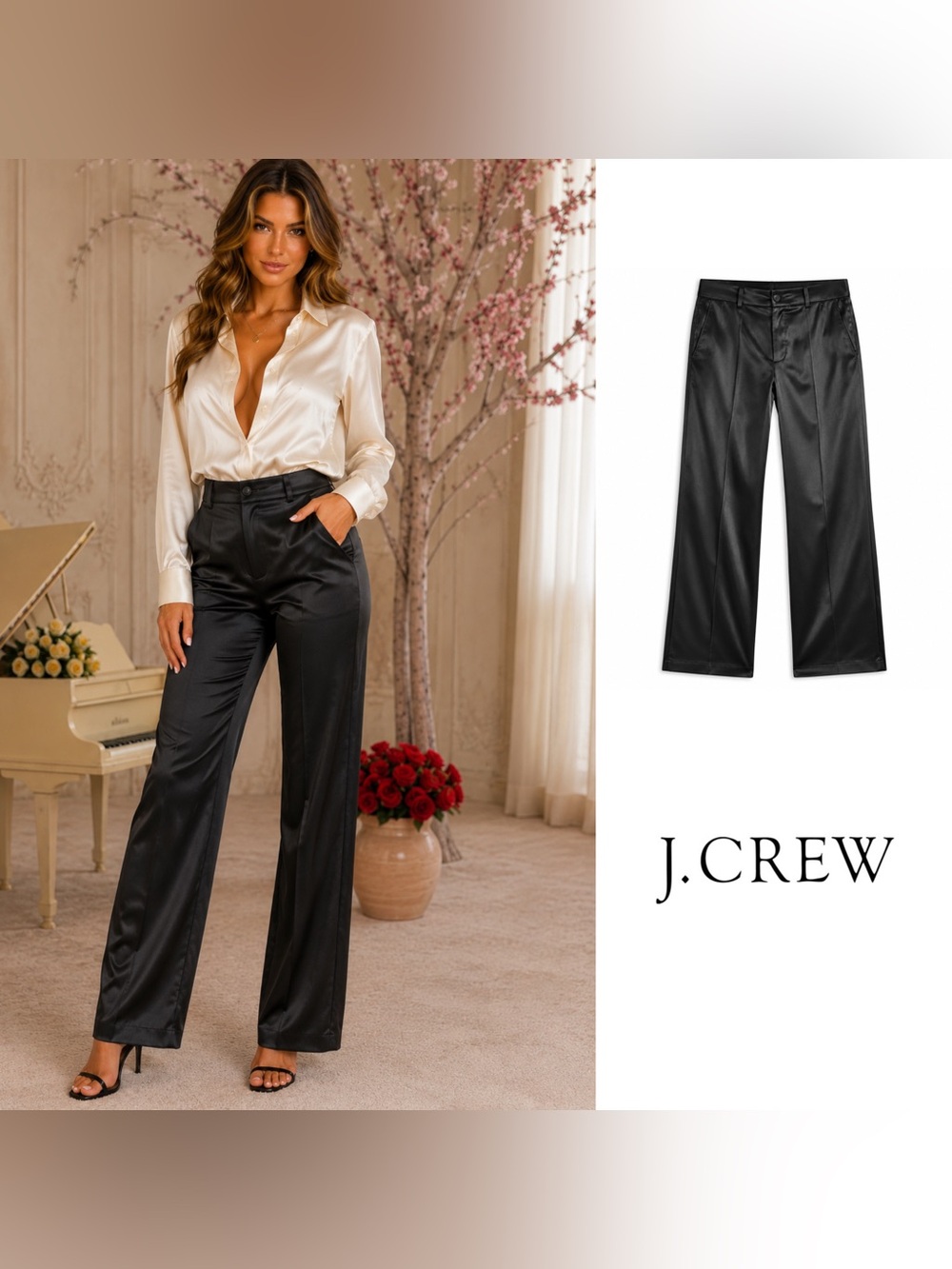 NEW J. Crew Black Satin Wide-Leg Trousers